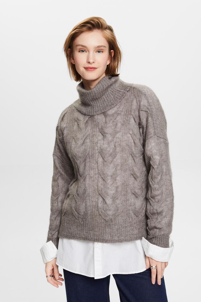 Sweter z półgolfem z wzorem w warkocze, BROWN GREY, detail image number 1